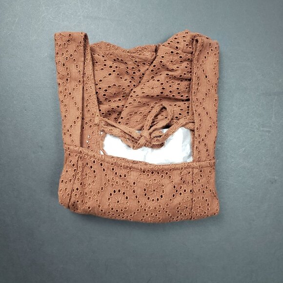 BOG Band Of The Free Eyelet Crop Top Women Medium Walnut Brown Boho Puff Sleeves - Picture 16 of 16